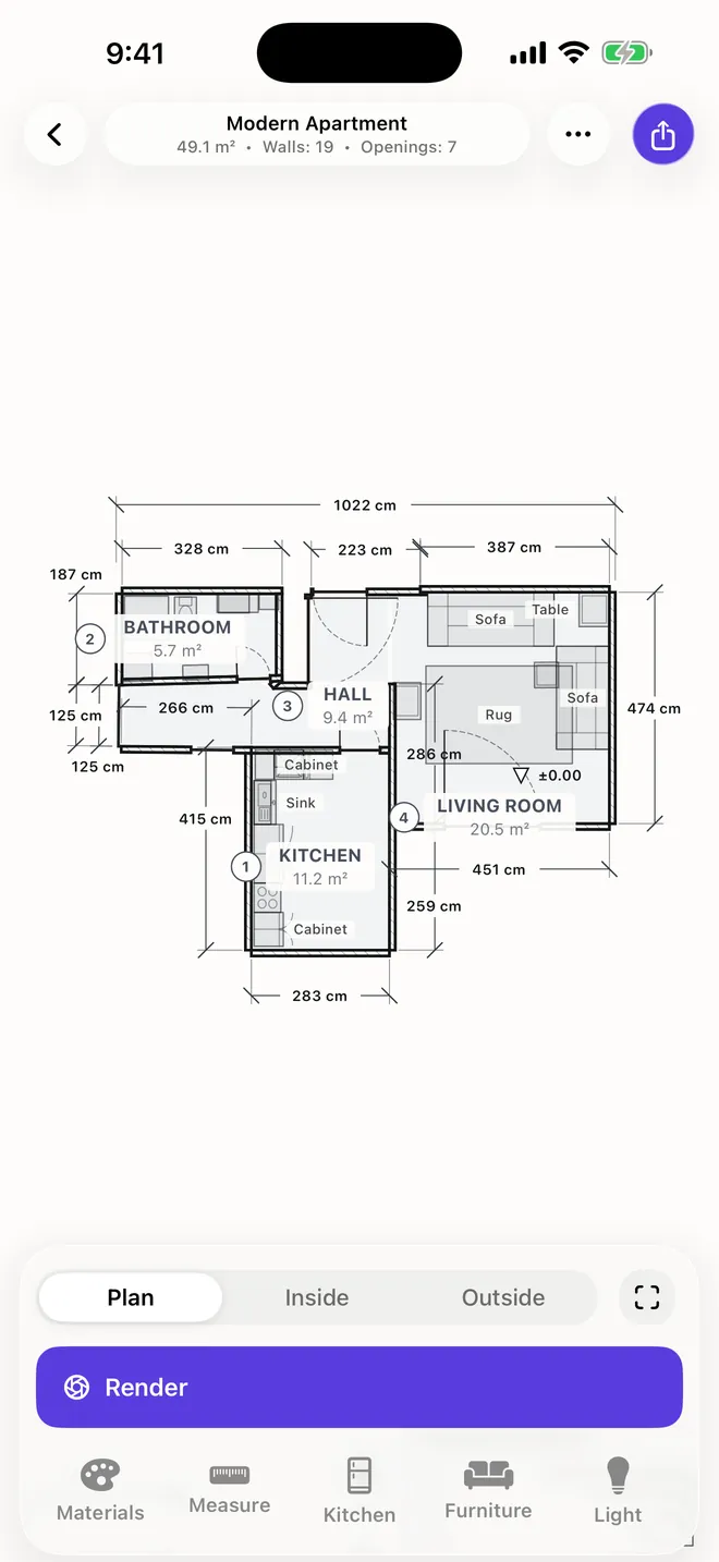 Measured floor plan of an apartment in Roomist.