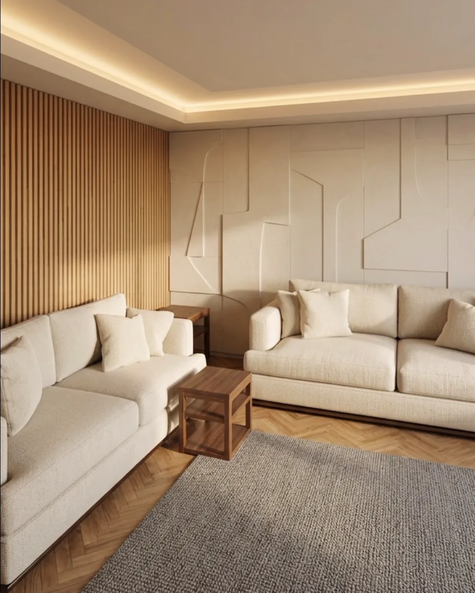 Photorealistic AI render of the same living room.