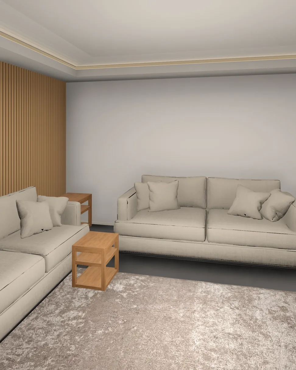 3D model of a living room built from a LiDAR scan, with two sofas, a side table and a rug.
